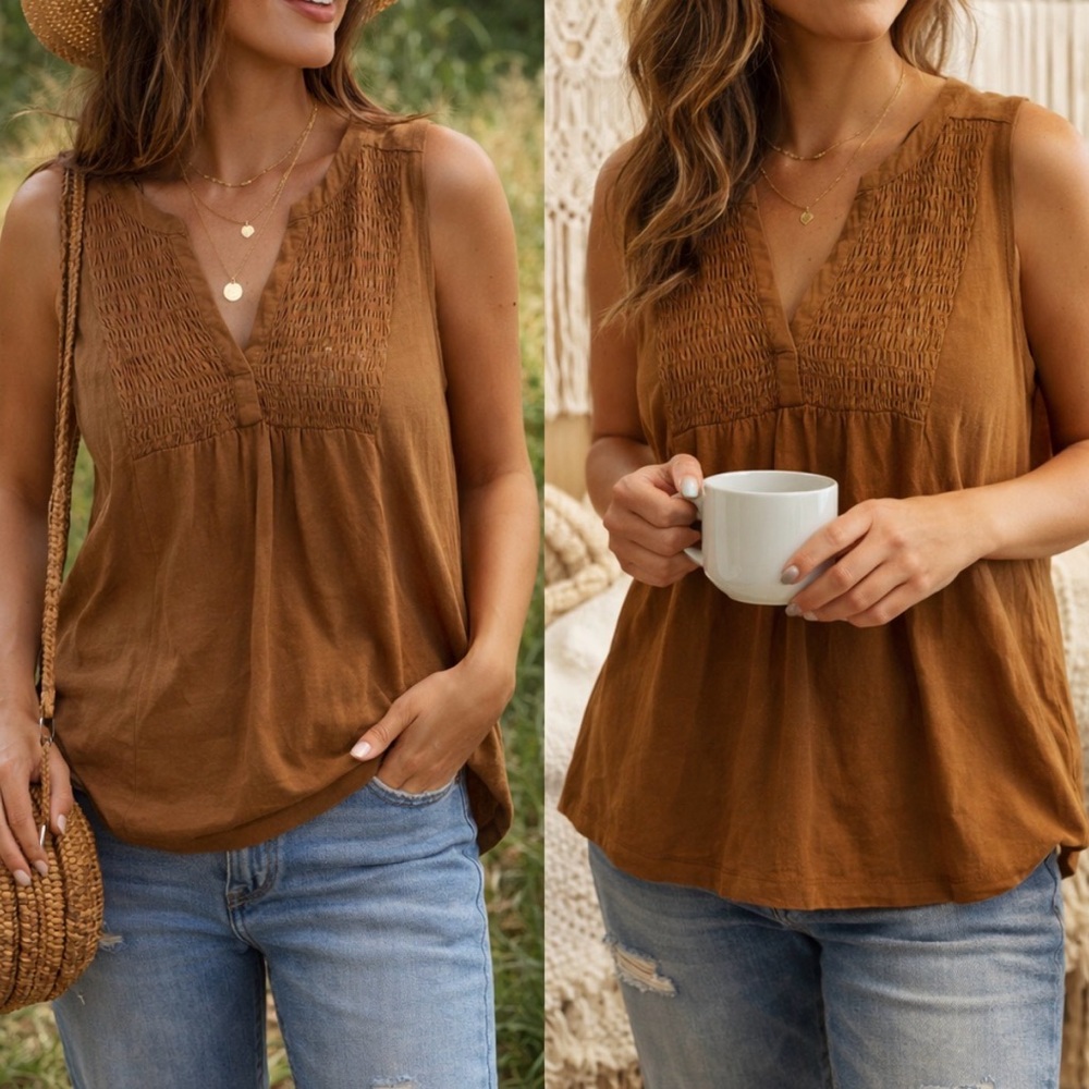 Lucky Brand Smocked Sleeveless Blouse Medium Brown Boho Top